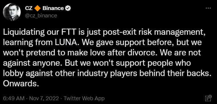 Changpeng Zhao의 FTT 매각 선언, Twitter﻿