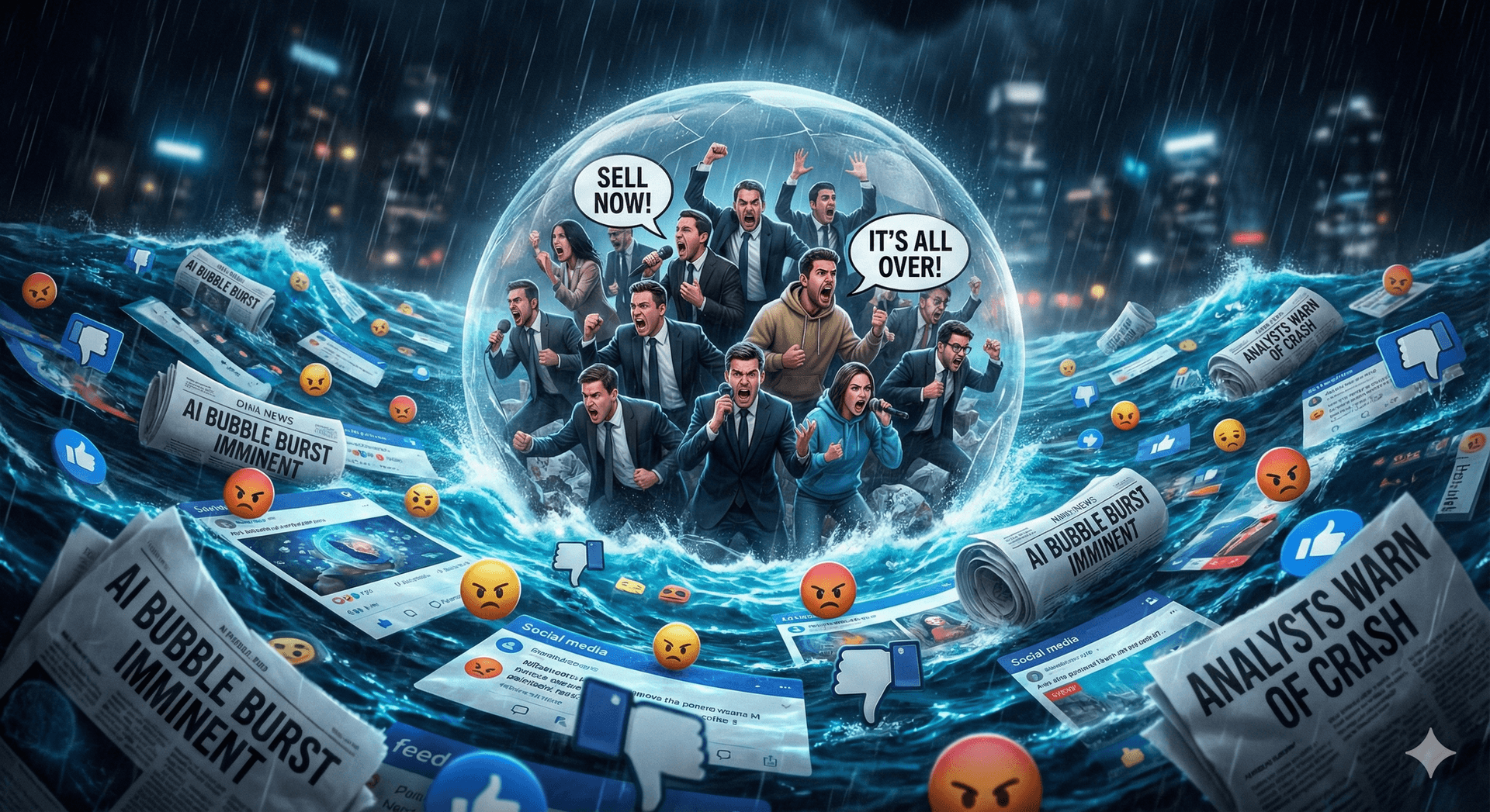 A glass bubble filled with stressed analysts floating on a chaotic ocean of smartphones and social media comments debating the AI bubble.