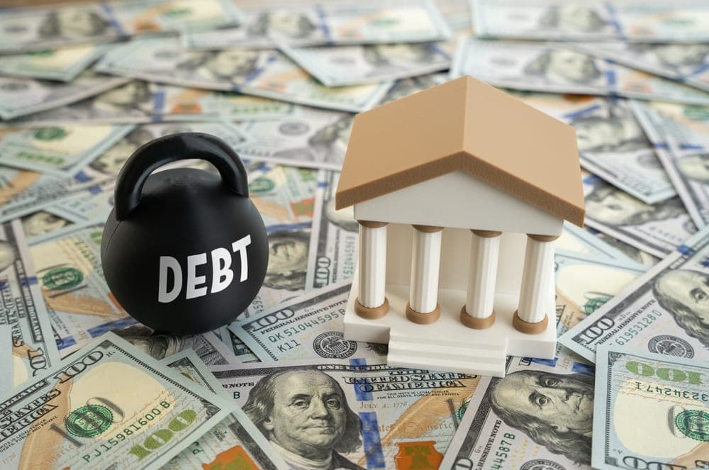 Debt burden in the banking system. Government debt, loans, and borrowings increase risks.