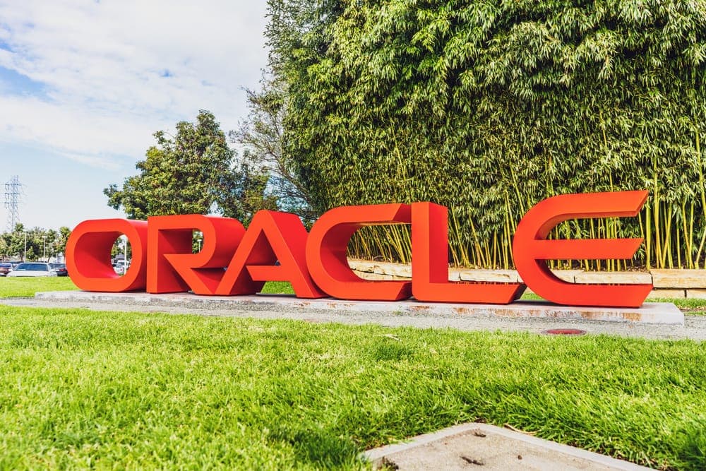 Oracle logo at their headquarters in Silicon Valley; Oracle Corporation is a global computer technology company specializing in database management systems.