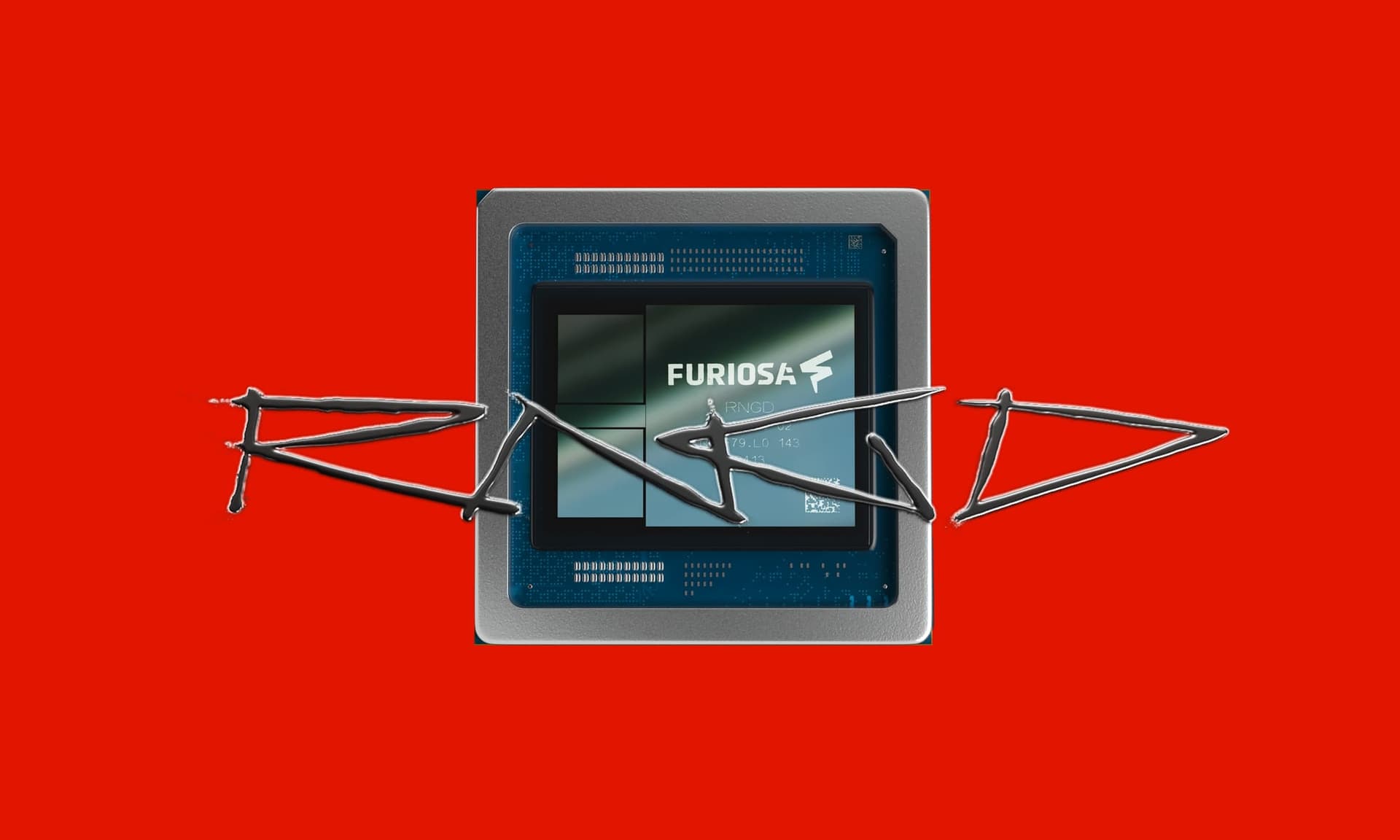 Furiosa AI's RNGD accelerator product image on a red colored background.