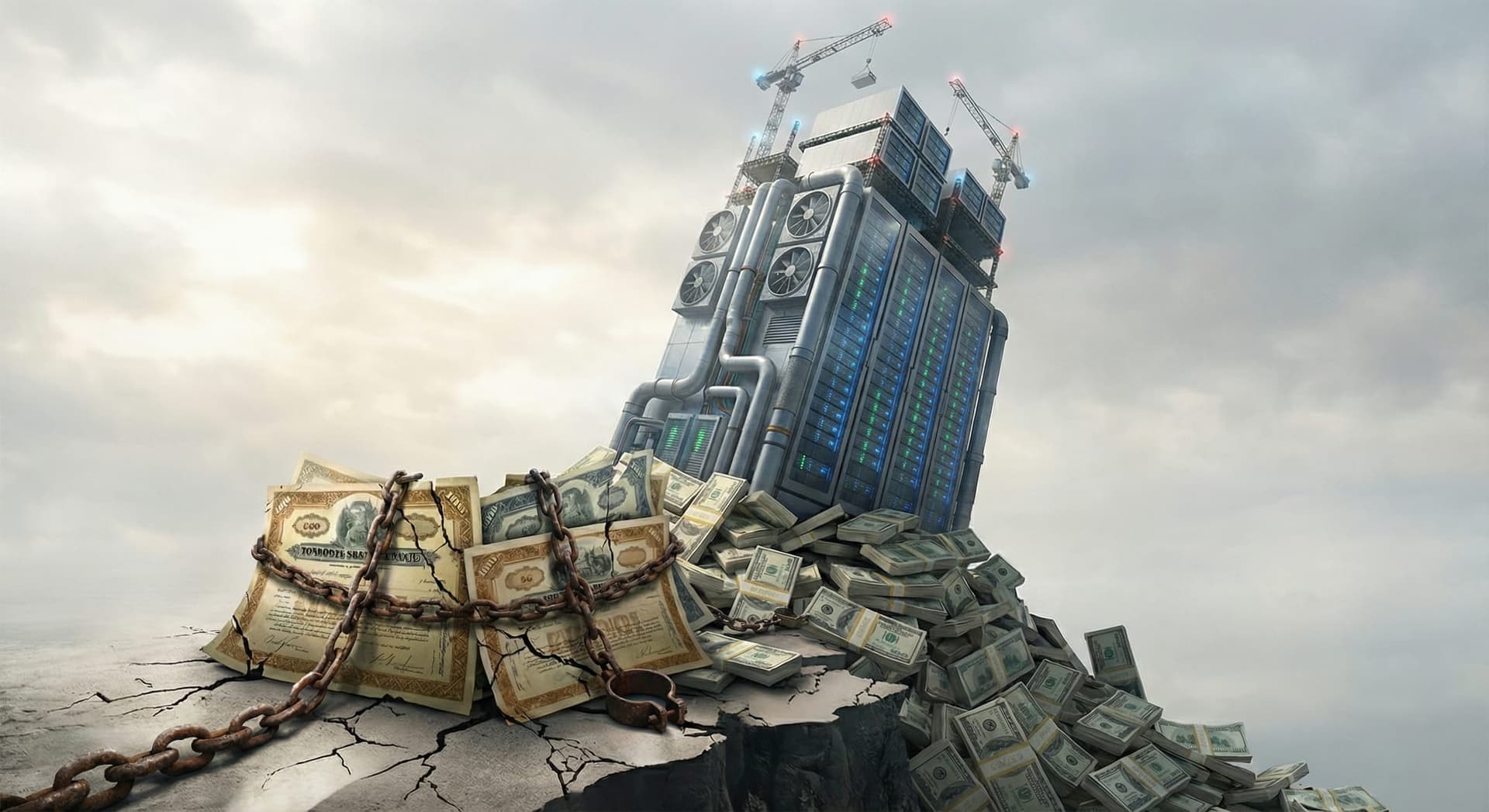 A futuristic tower composed of heavy server racks, cables, and cooling fans leaning dangerously to the side like the Tower of Pisa. Unstable foundation made of stacked US dollar bills.