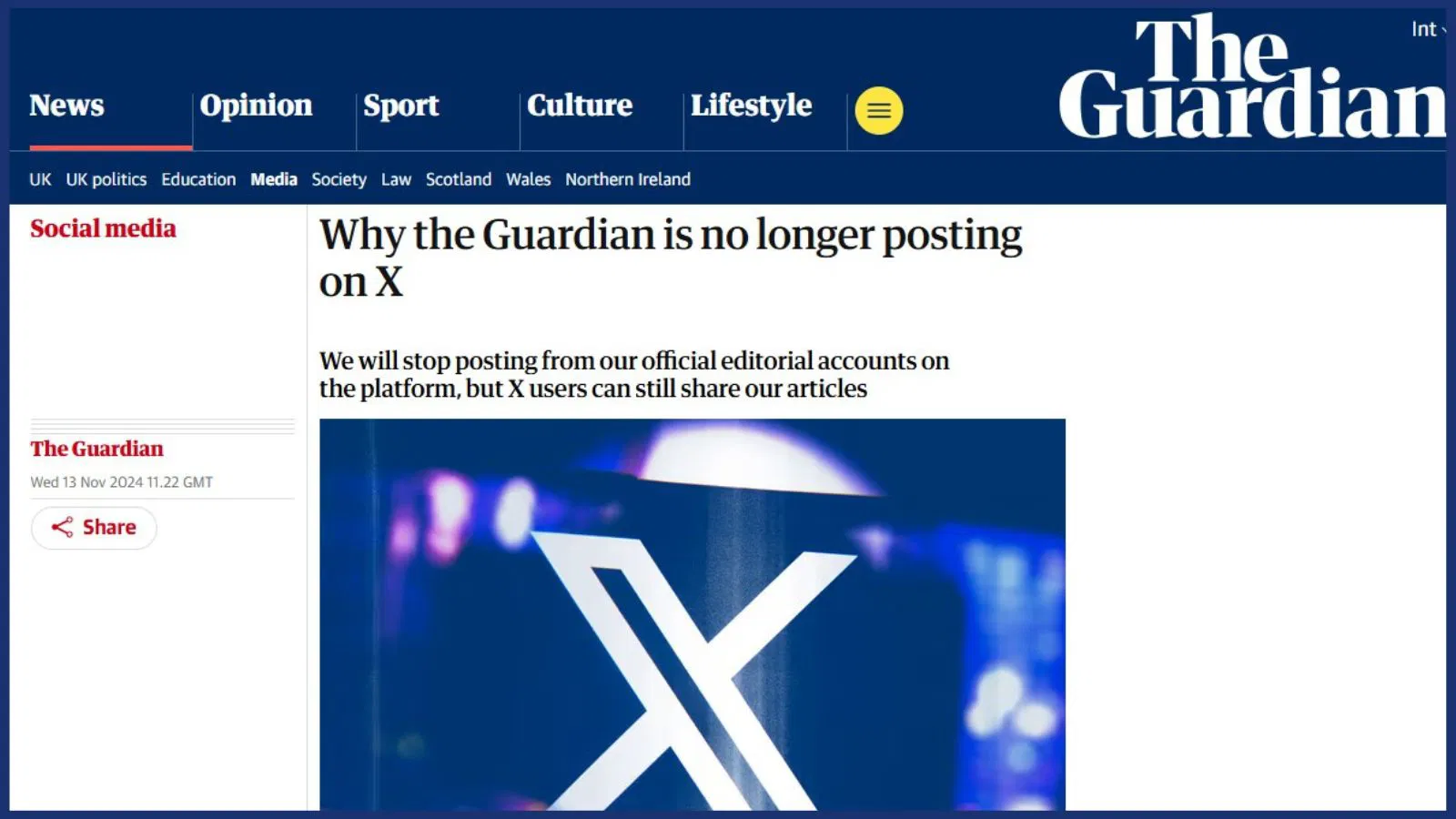 "Why the Guardian is no longer posting on X" 본문 사진.