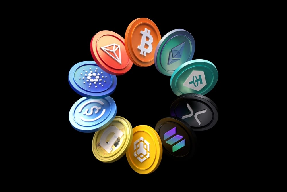 Top 10 cryptocurrency by market cap in December 2024. Bitcoin, Ethereum, Tether Usdt and many other crypto market tokens on a black background. High quality 3D rendering.