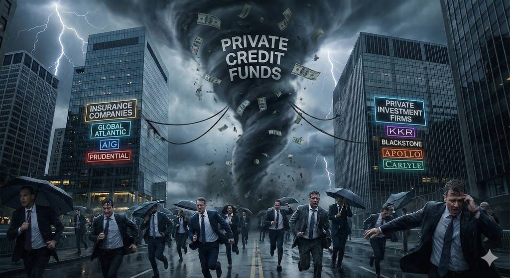 A "PRIVATE CREDIT FUNDS" tornado strikes insurance and investment buildings in a stormy city scene.